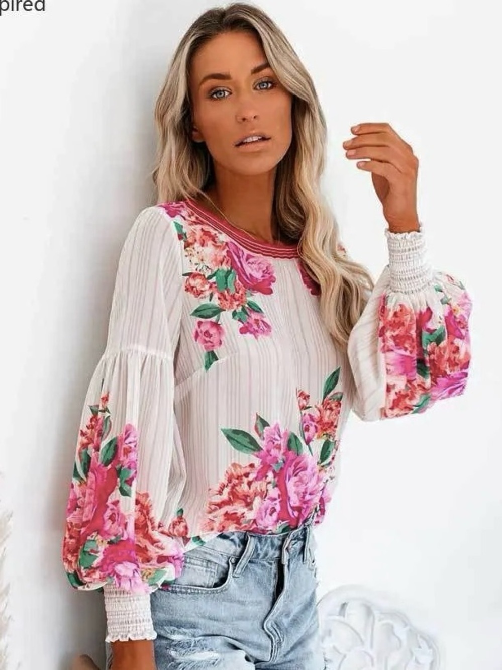 Vici Sheer Floral Blouse Small Boho Balloon Sleeve Smocked Cuff Keyhole Top